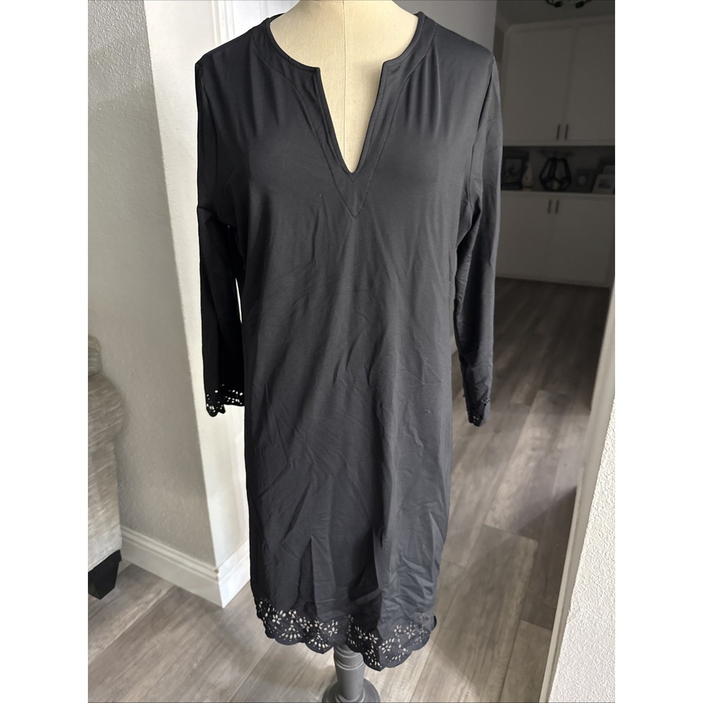 Lands' End Swim Cover-Up Dress Womens Small 6-8 Black Eyelet Scallop Resortwear